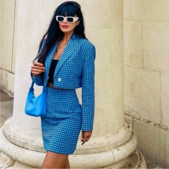 ZARA BLAZER CHECKED CROPPED LAPEL COLLAR & SKIRT - Picture 5 of 16
